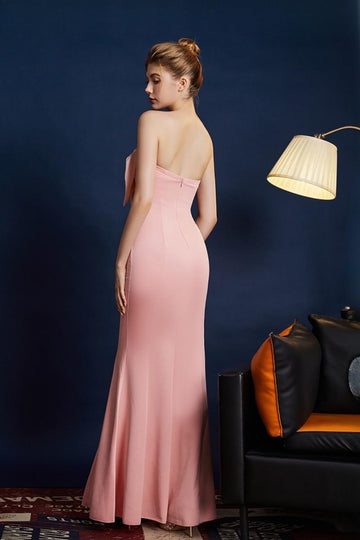 Vestido de fiesta largo sin tirantes de sirena rosa con lazo